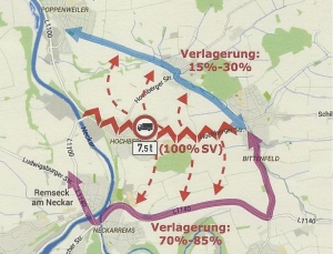 So sieht die Prognose der Planer zur Verlagerung der Lkw bei einem Durchfahrtsverbot in Hochberg aus